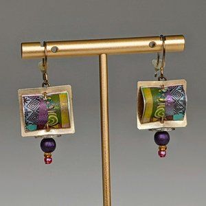 Gold, Bead, and Multicolor Rectangle Drop Earrings